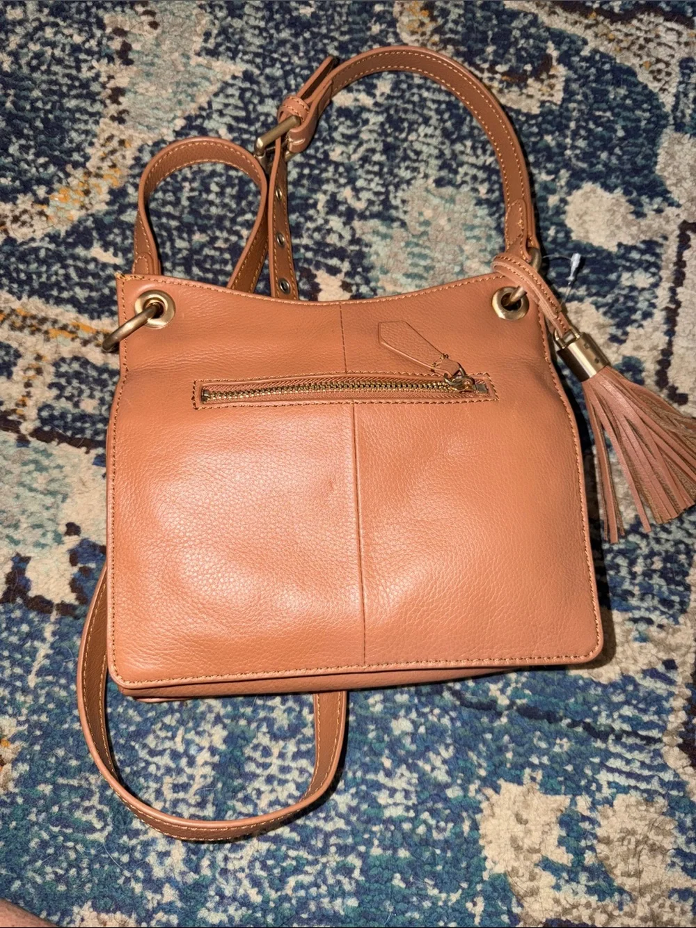 Women’s Leather Crossbody Bag with Tassel in Peach-Tan